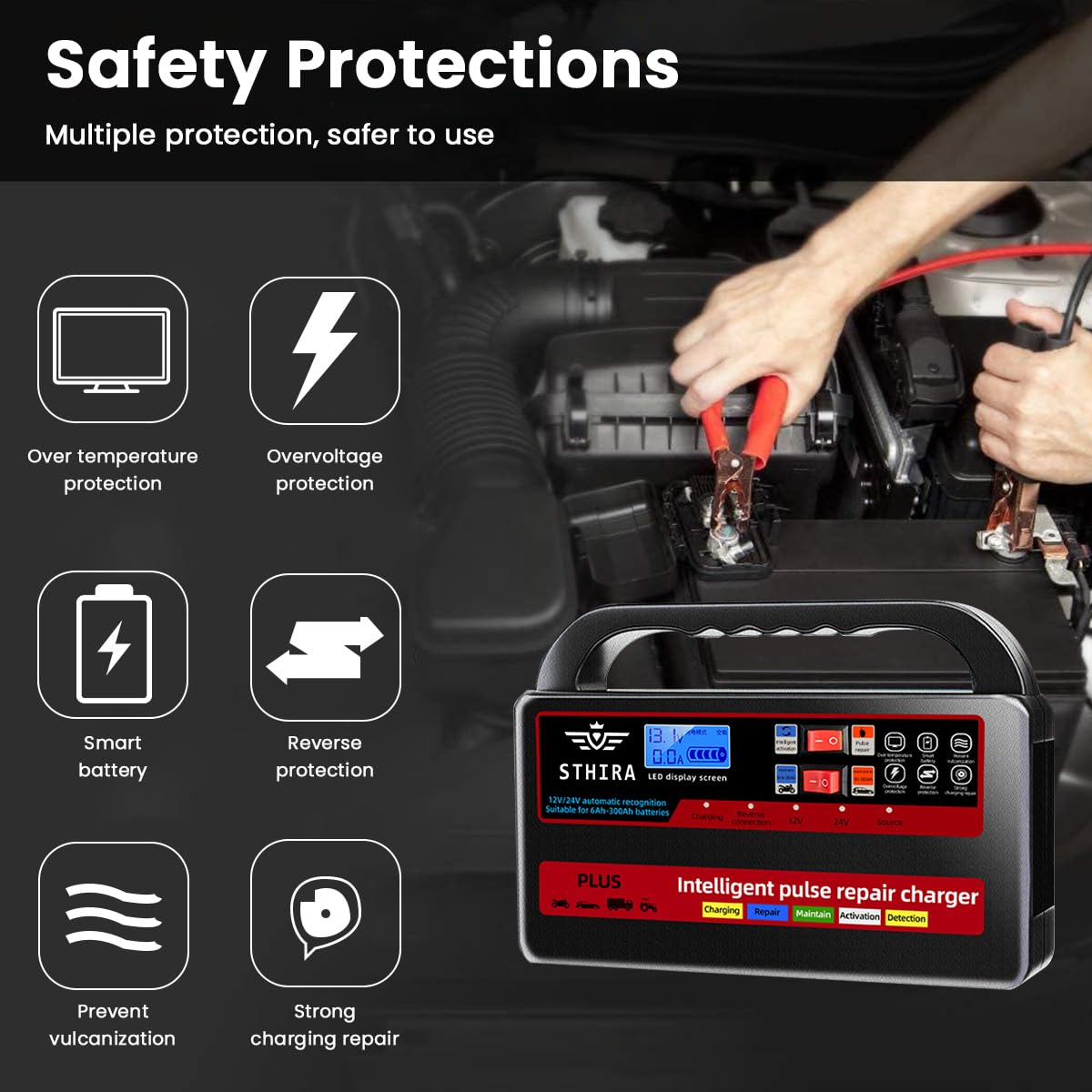 STHIRA Intelligent Pulse Battery Charger for 12V and 24V Lead Acid Batteries | LCD Display and Auto Shut Off