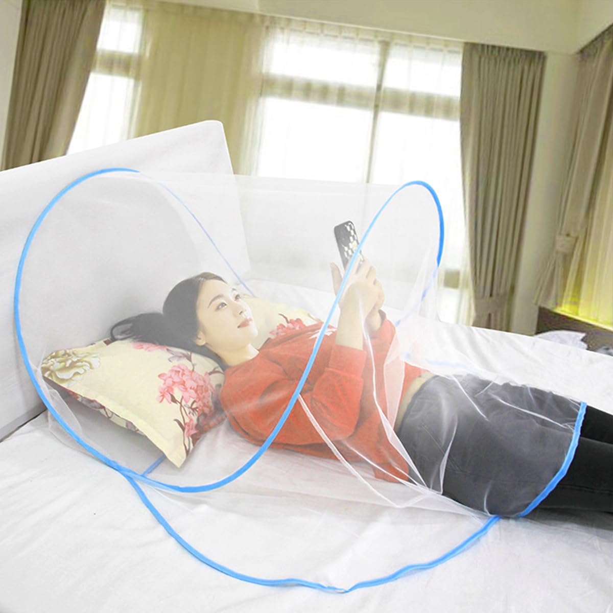 HASTHIP Foldable Mosquito Net for Single Bed with Arch Frame and Storage Bag 80×140×56 cm
