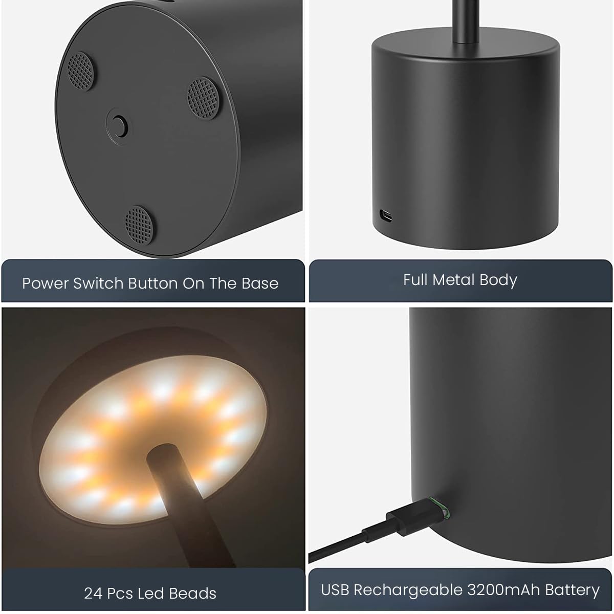ELEPHANTBOAT USB LED Desk Lamp for Reading with Touch Control and 6000mAh Rechargeable Battery
