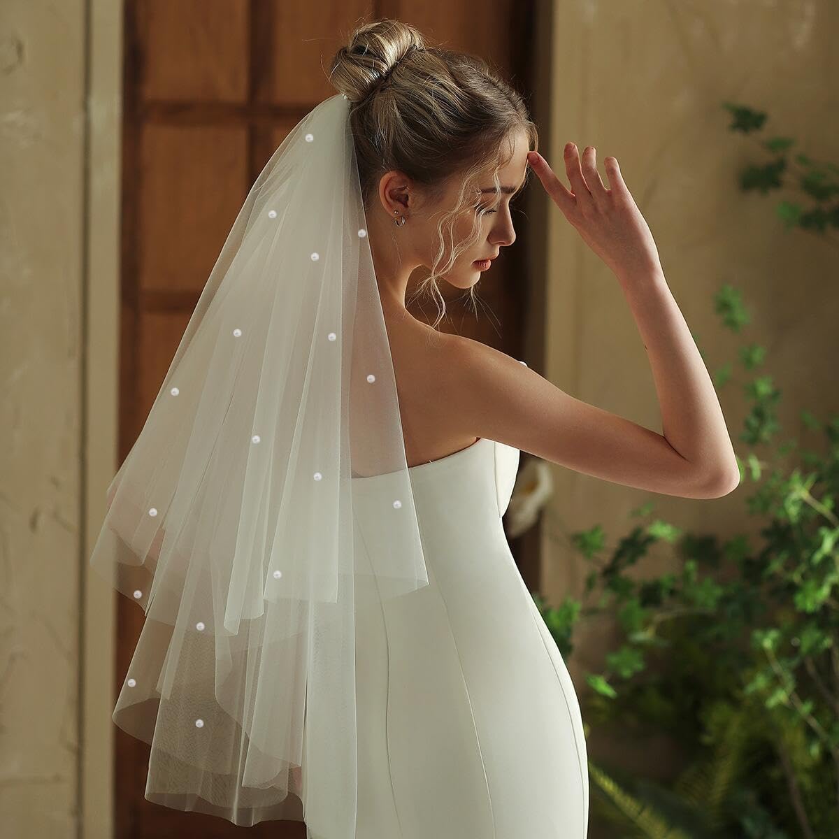 PALAY Bridal Veil for Brides featuring White Short Design with Pearl and Rhinestone Detail