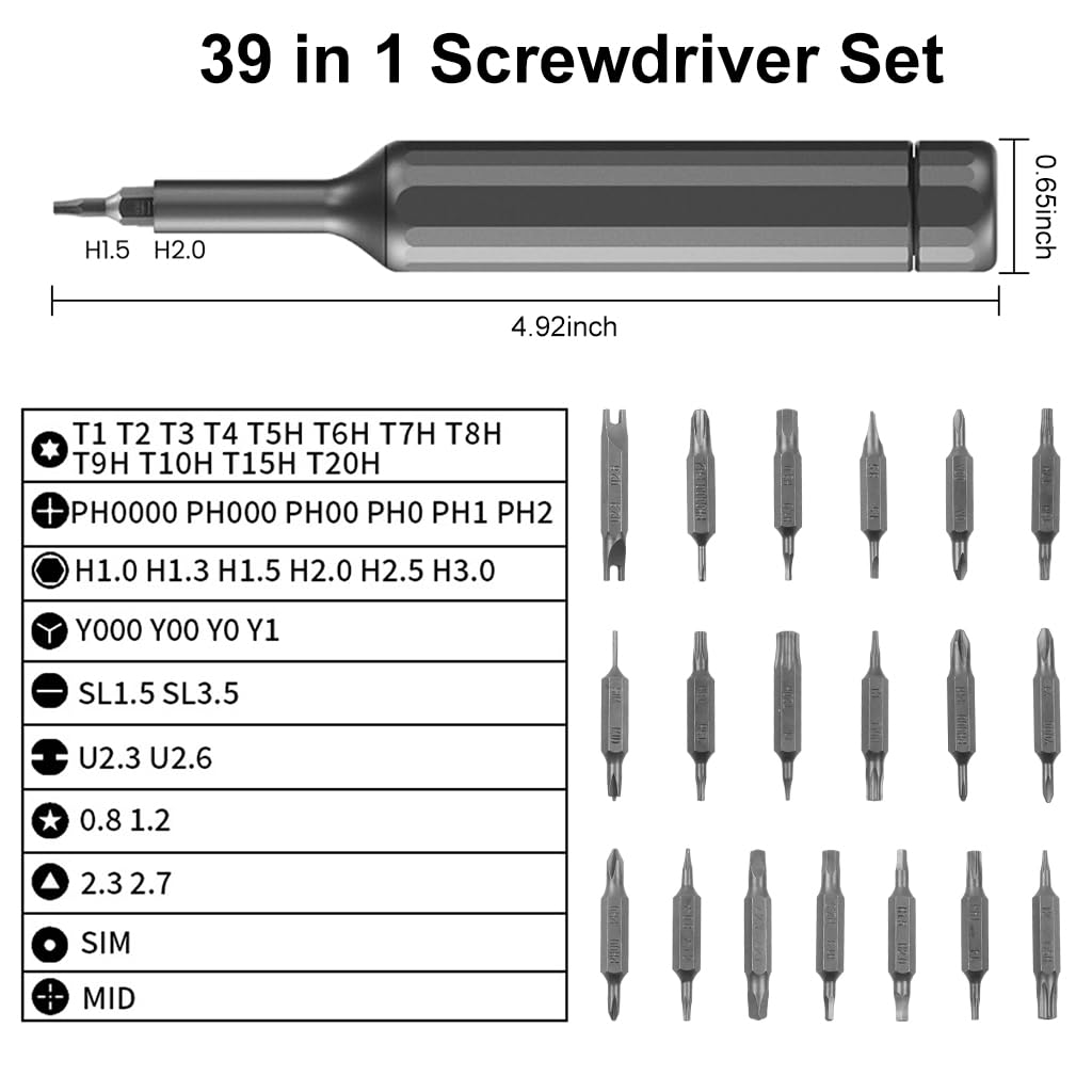 Serplex® Mini Screwdriver Set, 39-in-1 Precision Screwdriver Set Pocket Screwdriver, 38 pcs Tough S2 Steel Bits Manual Screwdriver Pen Shape for Electronics, Glasses, Watch and Bracelets