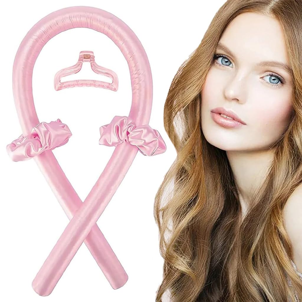 ZIBUYU Heatless Hair Curler for Overnight Soft Waves with Hair Claw Clip & 2 Scrunchies | Pink Styling Tool for Women