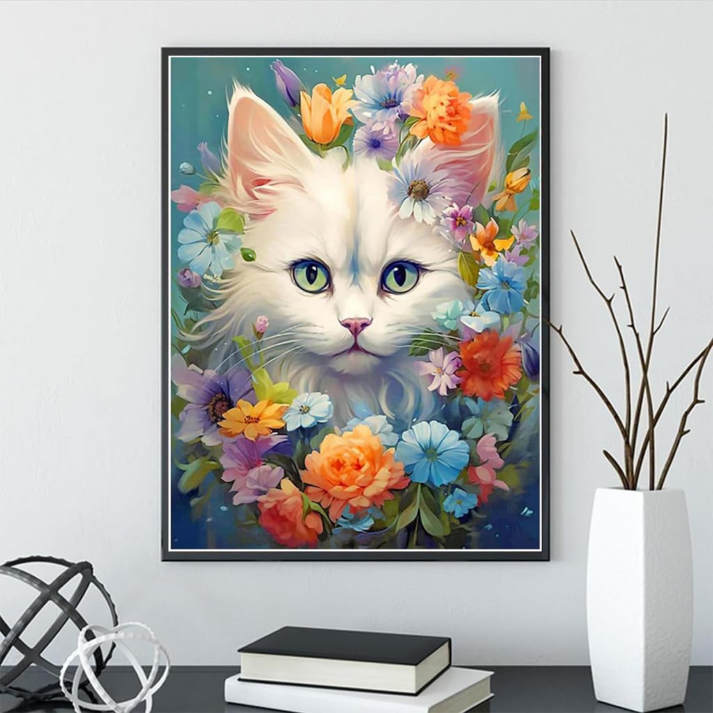 HASTHIP 5D Diamond Painting Kit for Home Decor with Tools and Colorful Diamonds 12x16in | Enchanting White Cat Design