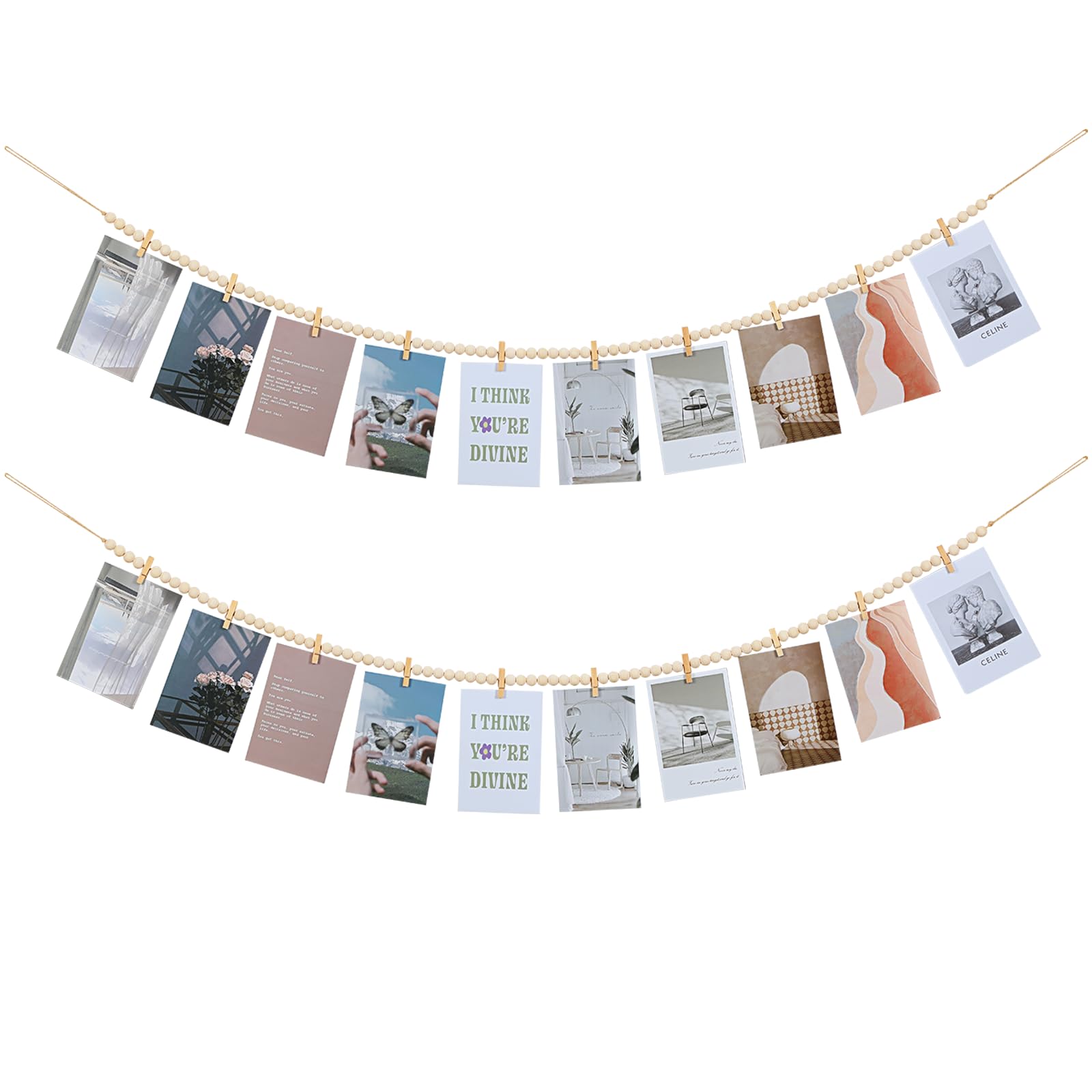 HASTHIP® 2Pcs Hanging Photo Display with Clips Boho Wooden Bead Garland Collage Picture Frame Wall Decor Photo String with 9 Clips for Bedroom Room Dorm Cubicle Christmas Teen Girls Gifts
