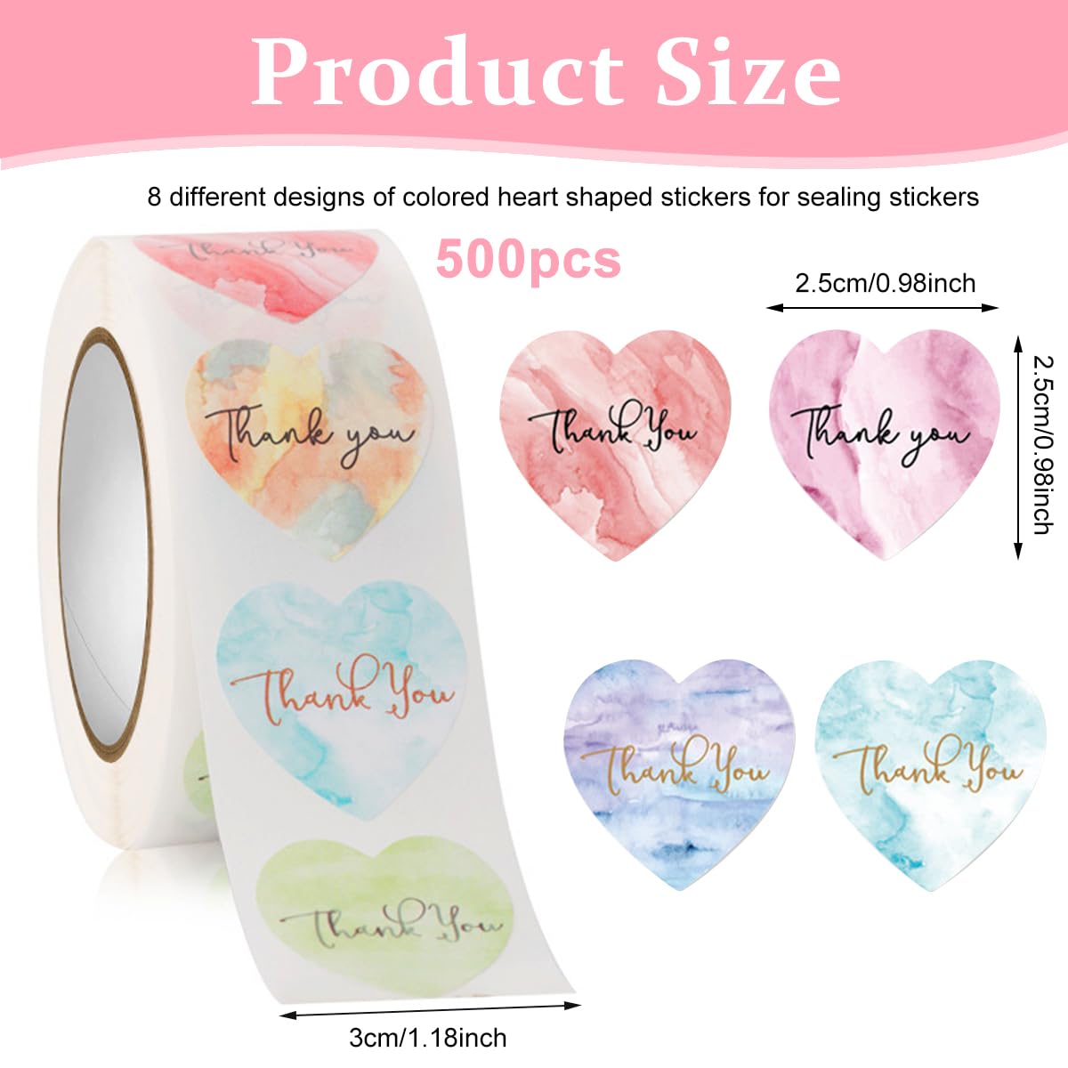 HASTHIP® 500Pcs Thank You Stickers - 8 Different Design Colorful Heart-Shape Sticker Sealing Stickers, 1'' Self Adhesive Thank You Sticker Lable Heart-Shape Sticker for Christmas Gift, Invitation