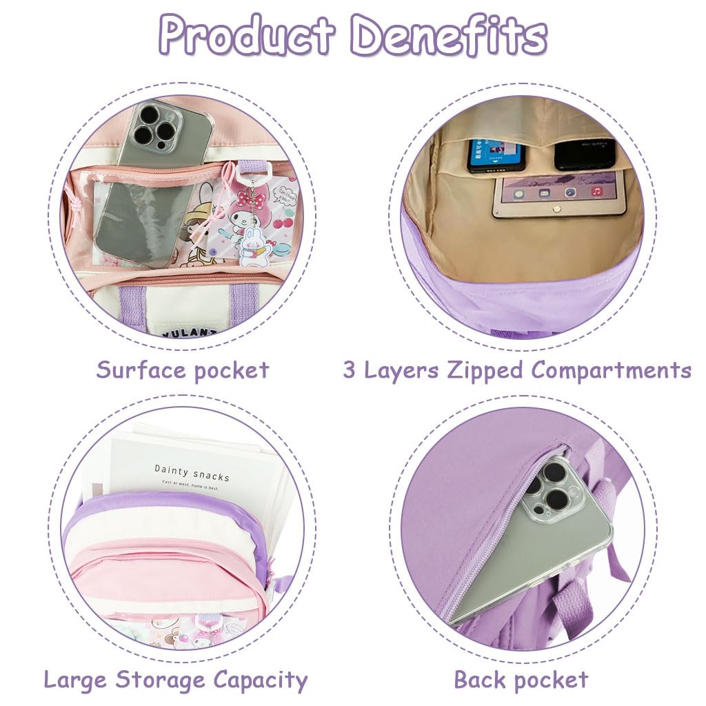 Zibuyu Backpack for School and Travel with Waterproof Nylon Fabric | Cute Purple Design for Girls