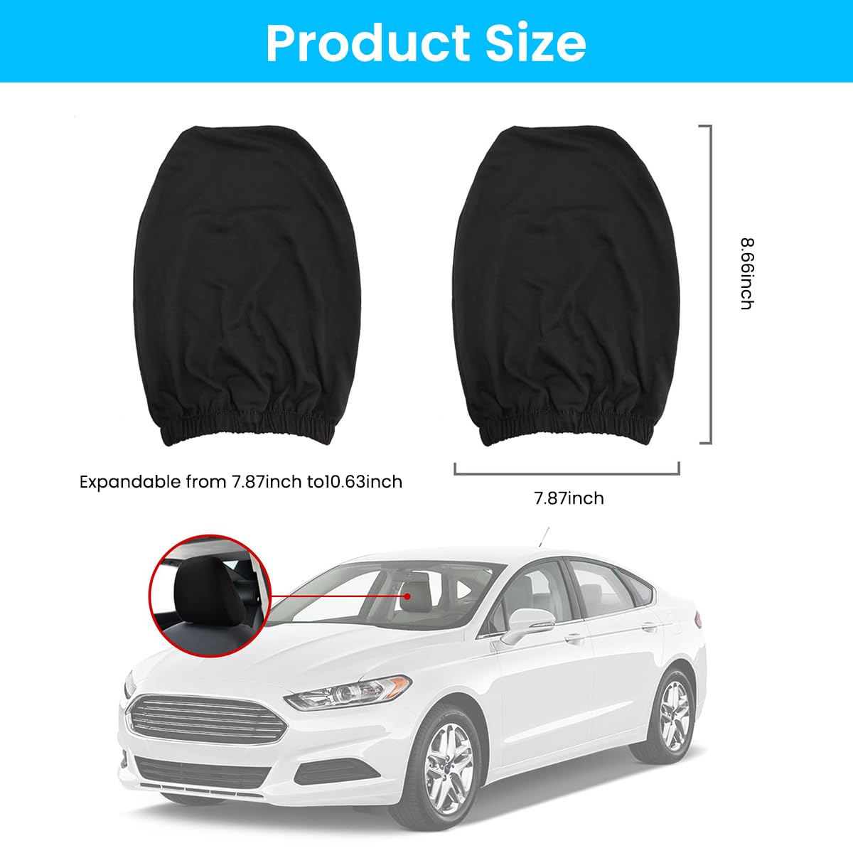 STHIRA Car Headrest Covers 9 x 10.6 for Universal Fit with Stretchy Slip On Design | Minimalist Black Dustproof Upholstery Accessories