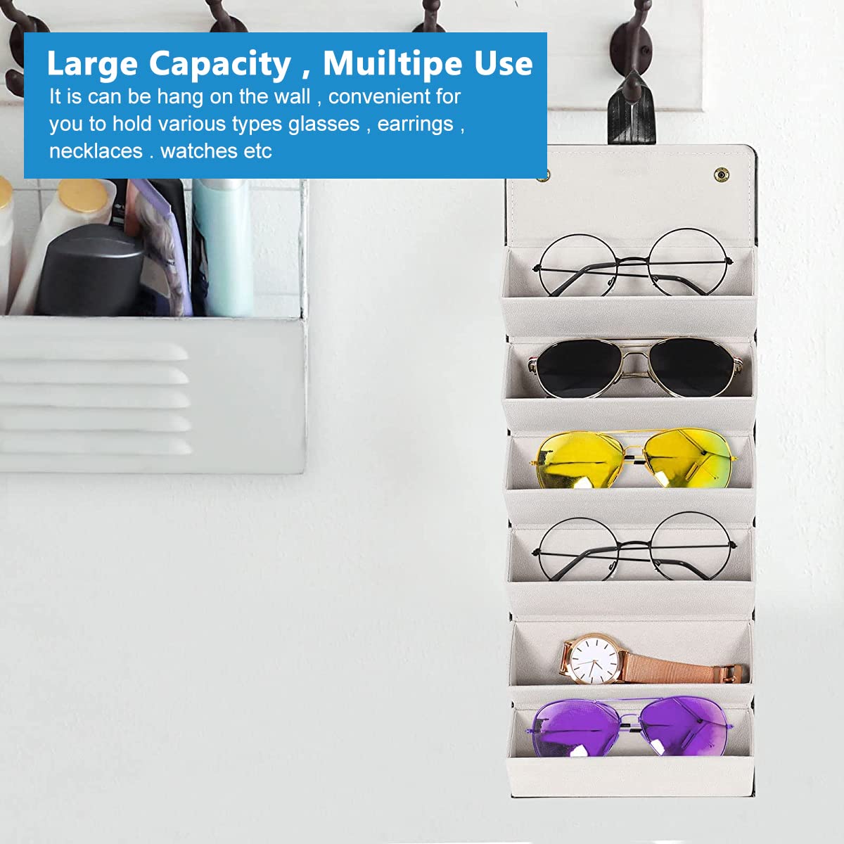 PALAY Sunglasses Organizer for Travel and Wall Hanging with 6 Slots PU Leather Case | Black