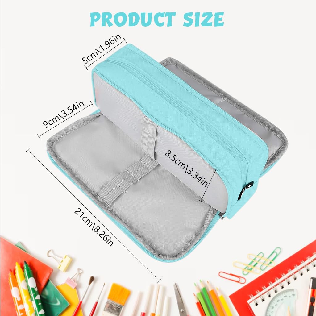 Zibuyu Pencil Box with Three Compartments and Smooth Zippers in Blue for Kids & Adults