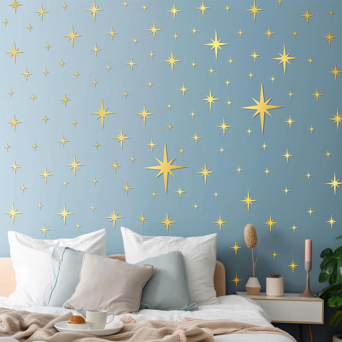 HASTHIP® Golden Twinkle Stars Wall Stickers Multi Sizes Mirroring Acrylic Self Adheisve Stars Wall Stickers Background Decor Kids Room Wall Decor Home Decor