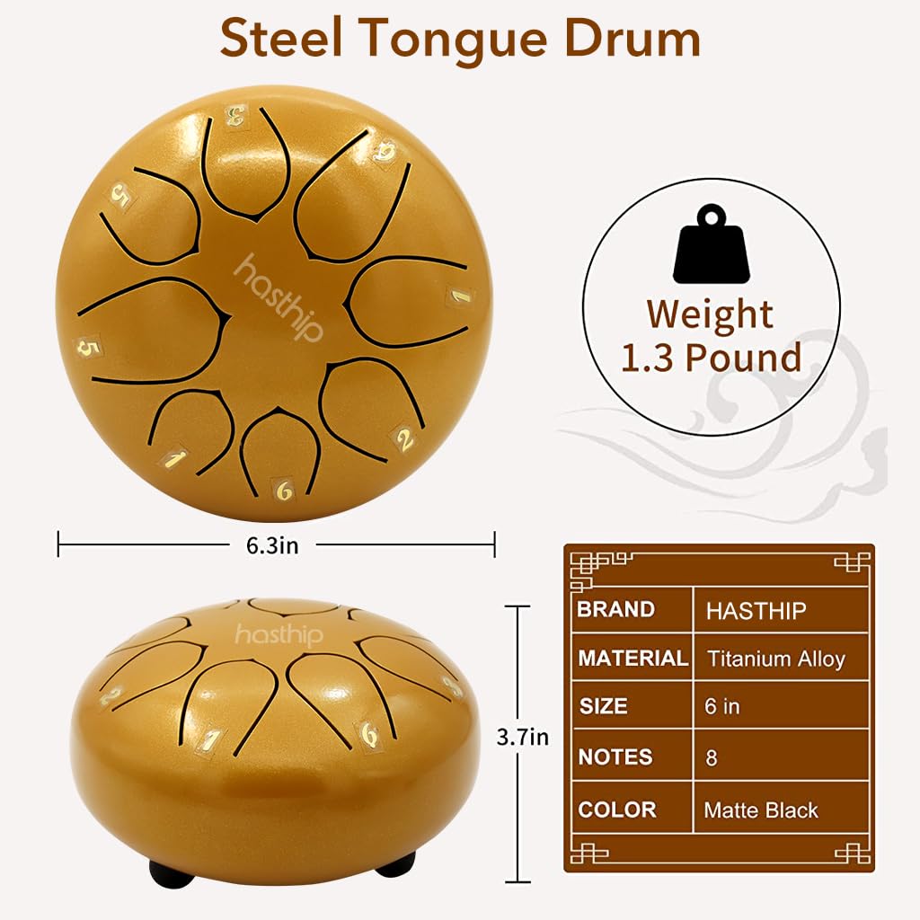 HASTHIP® 6-inch Steel Tongue Drum 8 Note, Percussion Instrument Handpan Drum with Bag, Music Book and Mallets for Kids and Adults Meditation Musical Education Concert Mind Healing Yoga (Gold)