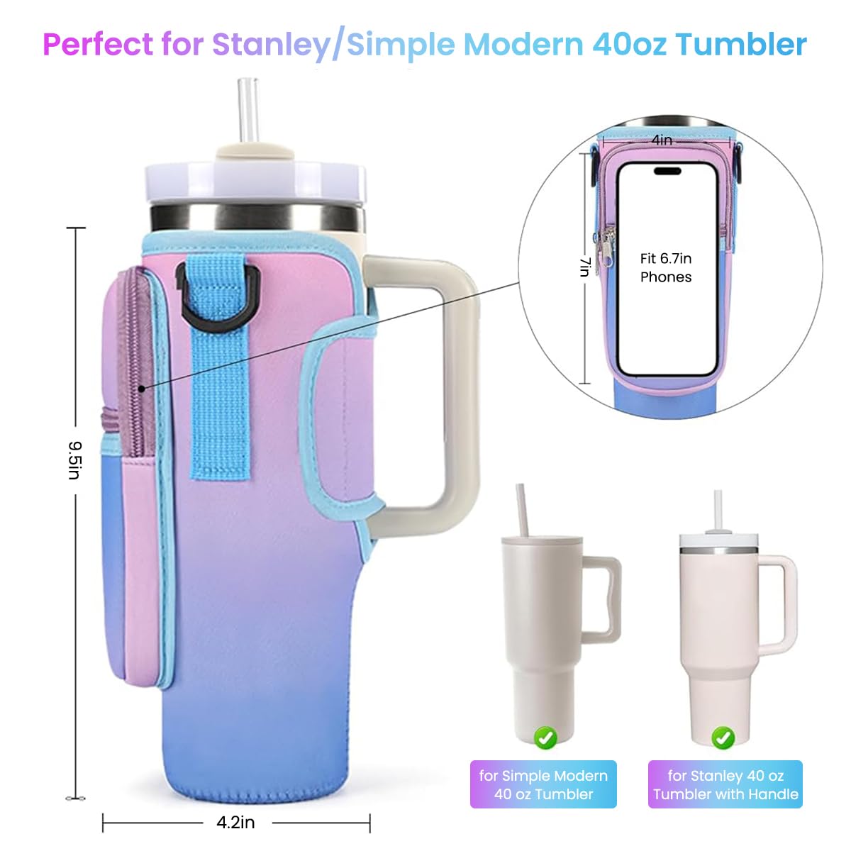 HASTHIP Water Bottle Carrier Bag for Stanley 40oz Tumbler with Phone Pocket and Strap | Neoprene Gradient Purple 2 PCS