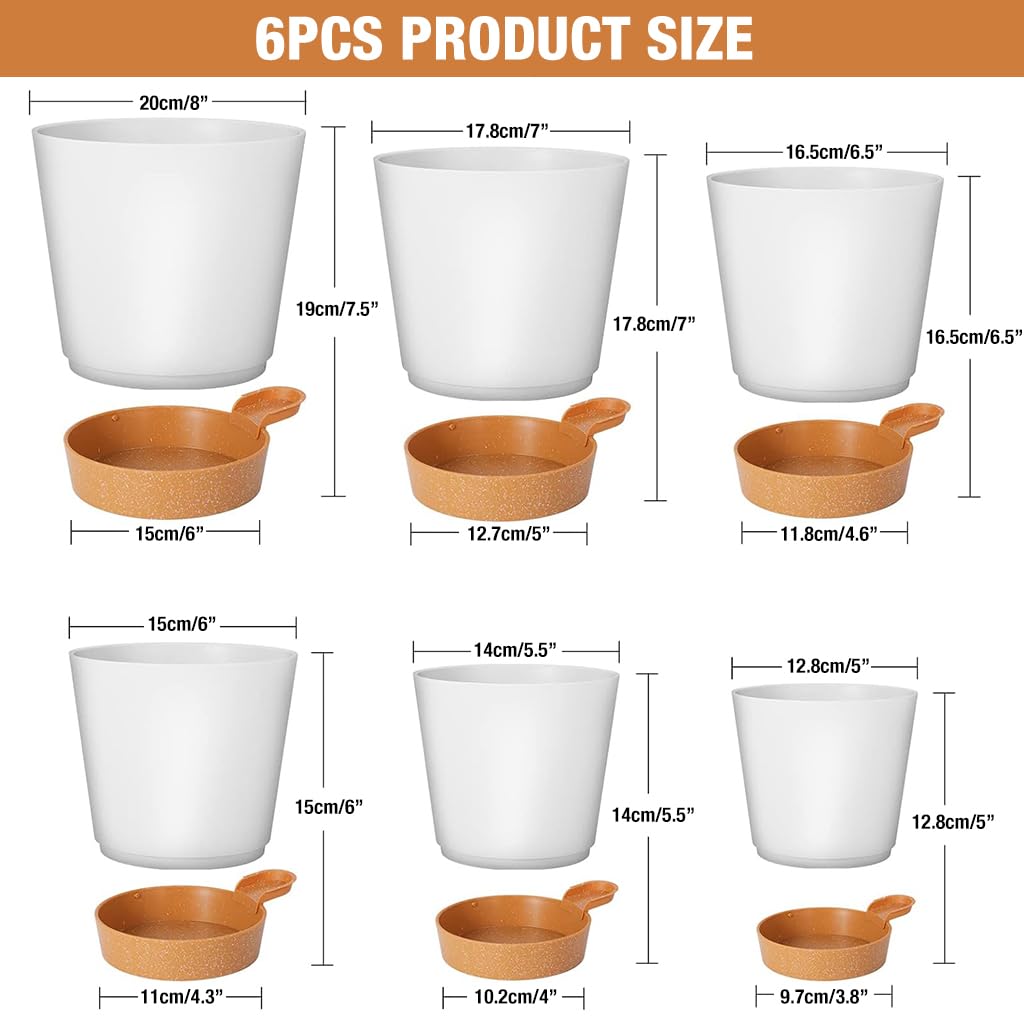 HASTHIP 6 Pcs Plastic Pots for Plants Kit - Plant Self Watering Plant Pots - Flower Pot with Drainage Holes & Saucers - Flower Pots for Home Decoration - Nursery Planting Pot for Indoor/Outdoor Plant