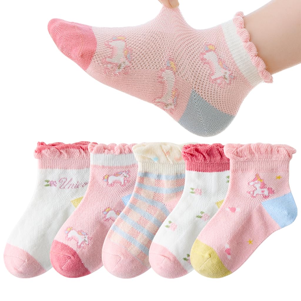 PALAY® 5 Pairs Kids Socks Girls Socks Breathable Cotton Mesh Socks Home Socks Cartoon Unicorn Cotton Socks for Girls 6-8 Years Old