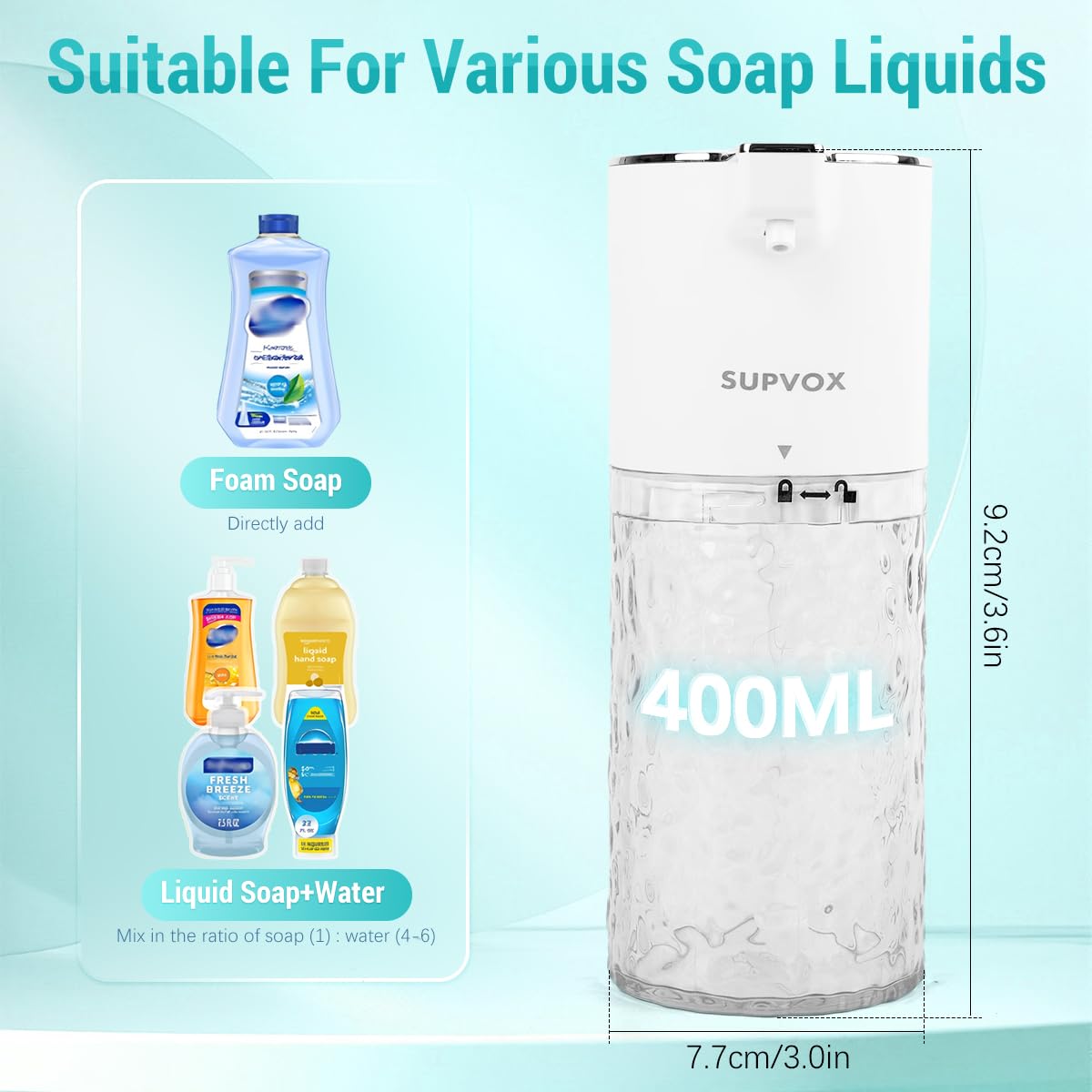 Supvox Automatic Soap Dispenser for Bathroom and Kitchen featuring 400ml Capacity and 4 Dispensing Modes | USB Rechargeable Touchless Sensor Design