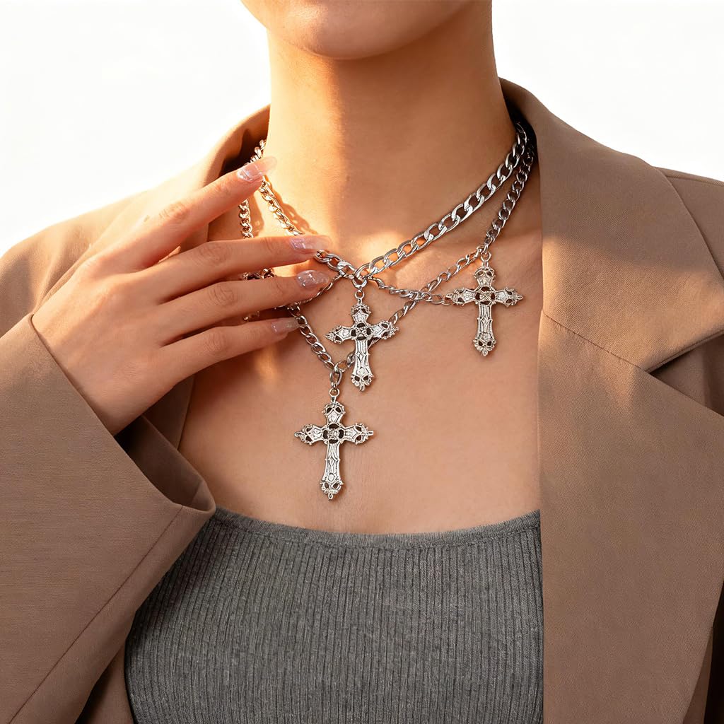 SANNIDHI Necklace for Women featuring Gothic Cross Pendant and Adjustable Layered Chains | Y2K Punk Jewelry Gift