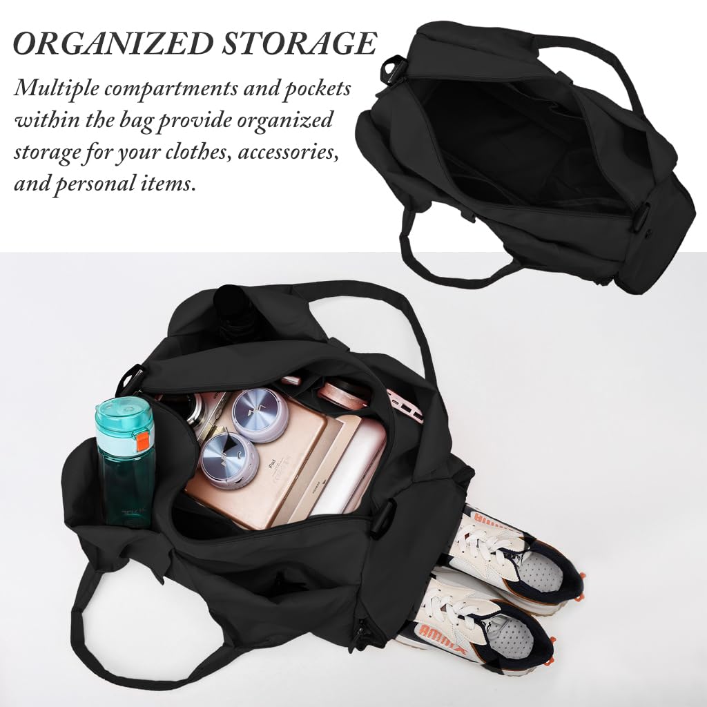 PALAY Women Gym Bag for Travel and Fitness with Shoes Compartment 49x21x25cm Oxford Waterproof Black