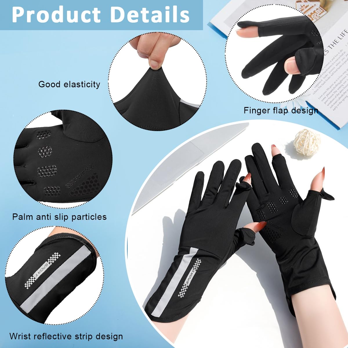 PALAY Driving Gloves for Women with Open Finger Design and UV Protection | Black Ice Silk 2PCS