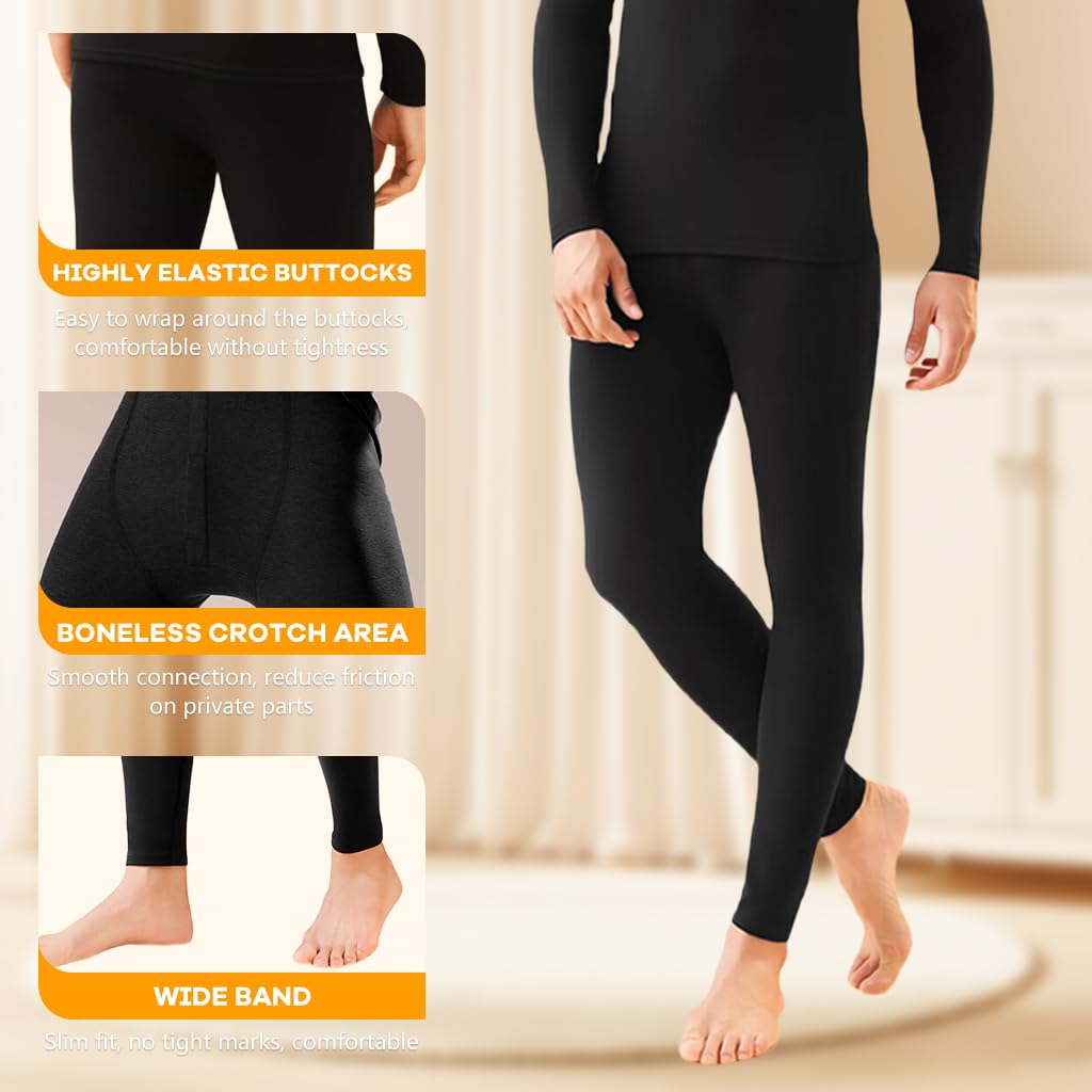 SANNIDHI Thermal Underwear for Men with Fleece Lined 2PCS Top and Bottom Set Black | 92% Polyester 8% Spandex Base Layer for Cold Weather