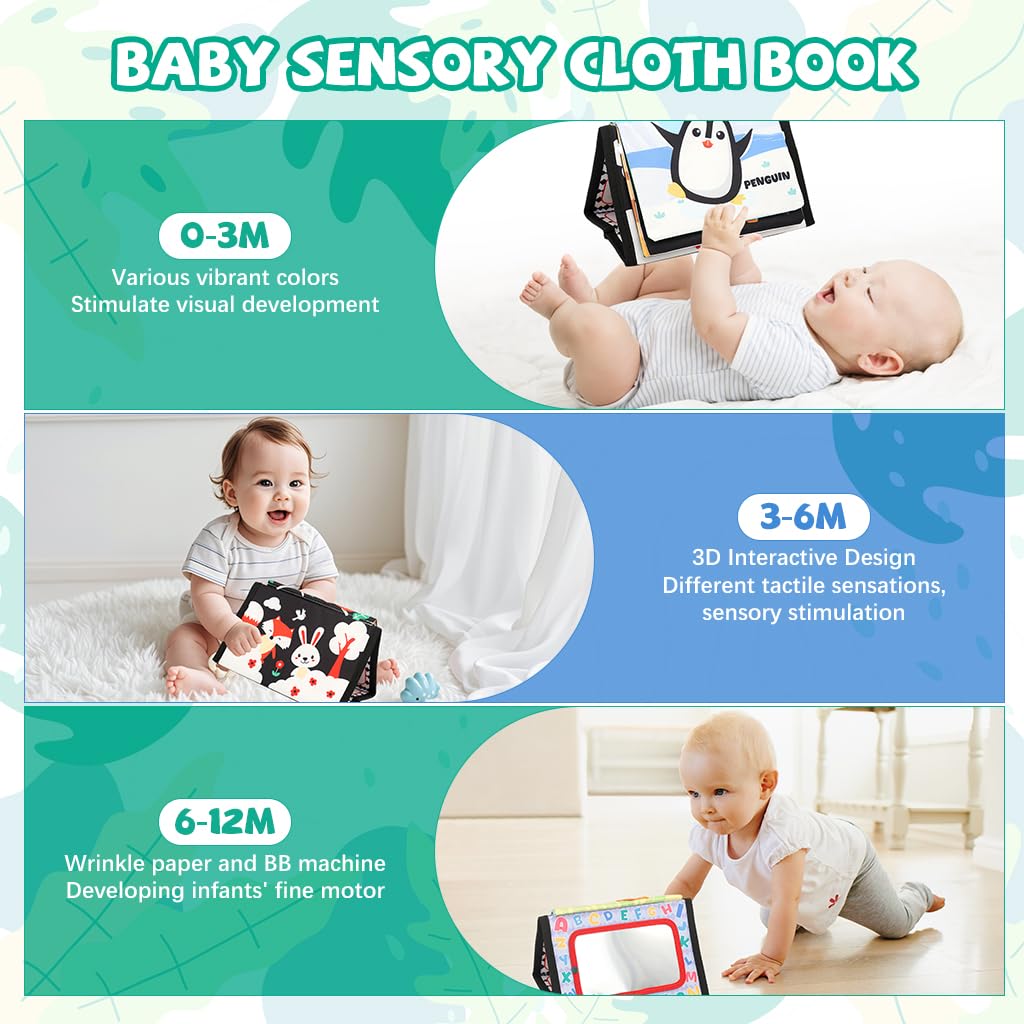 SNOWIE SOFT Baby Cloth Book for Tummy Time with Mirror and Squeaky Device | 3D Animal Pages