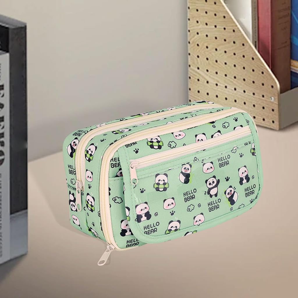 Zibuyu Pencil Case for School and Travel with 21.5x12.5x8.5 cm Capacity | Green Panda Floral Polyester Bag