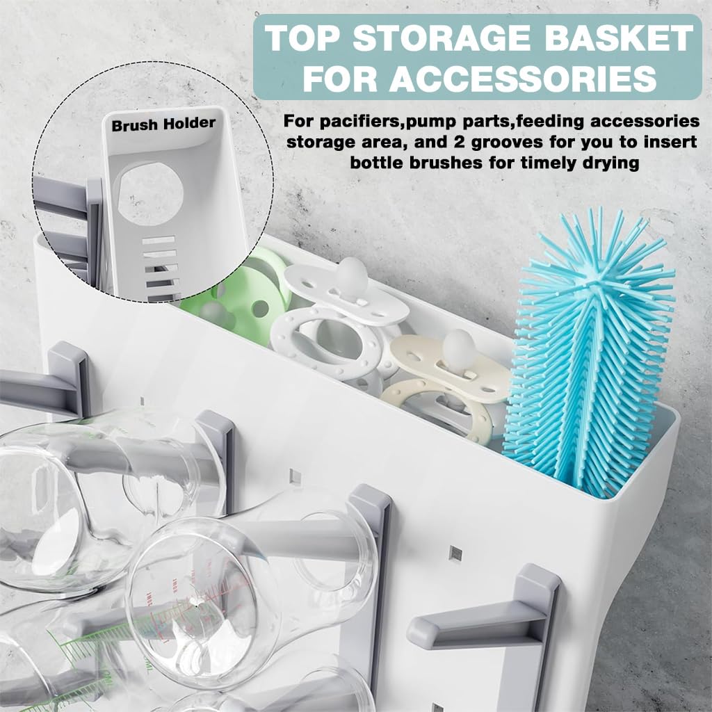 SNOWIE SOFT Baby Bottle Drying Stand with 12 Hangers and Drip Tray 7.6x10.5x12.8 in | DIY Organizer for Feeding Accessories
