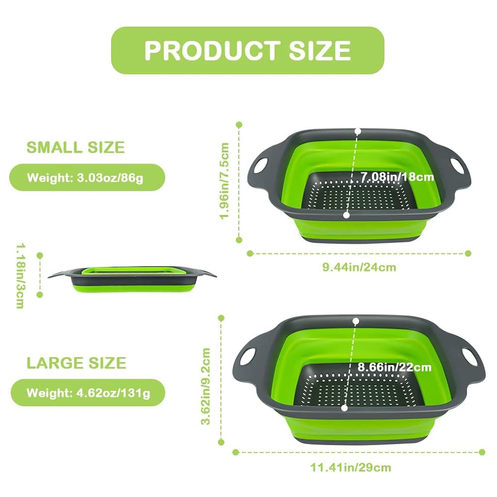 Supvox® 2-Piece Foldable Silicone Square Retractable Drain Basket Filter Set, Green-Green
