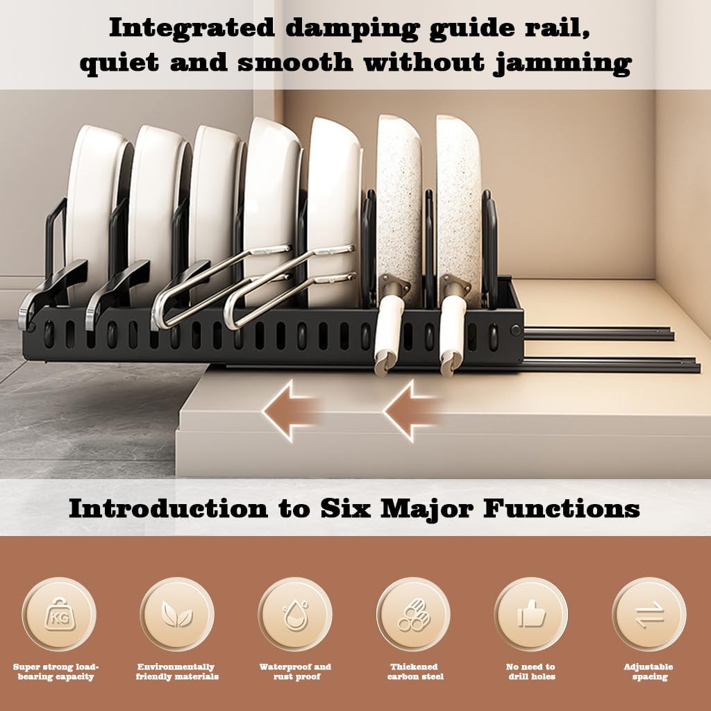 Supvox Pan Stand for Kitchen with 8 Adjustable Brackets and Pull Out Adhesive Rail | Carbon Steel Organizer