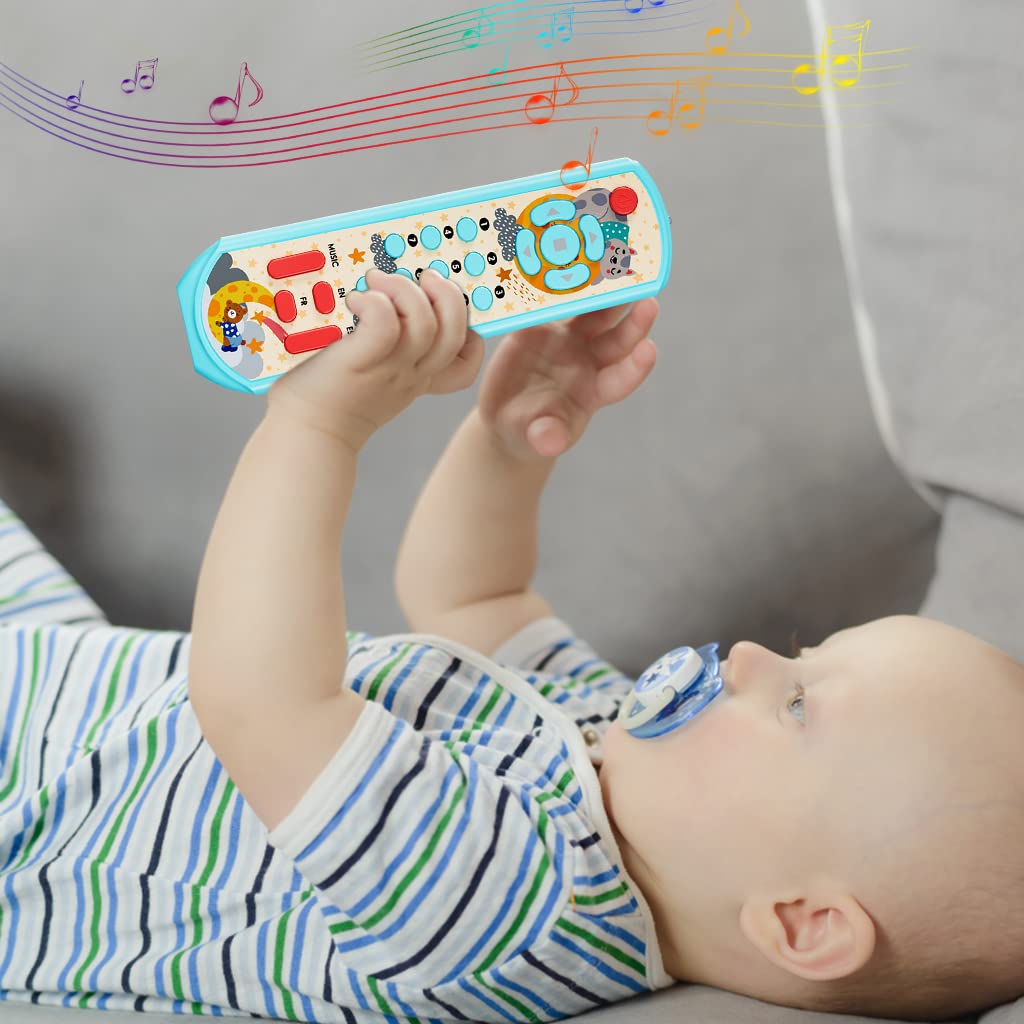 PATPAT Remote Control Toys for Babies Three Language Musical Light Toy Remote, Montessori Learning TV Remote Toy, Soothing Toy, Sensory Toy, Educational Toys for 6 Months+ Toddlers Boys Girls (Blue)