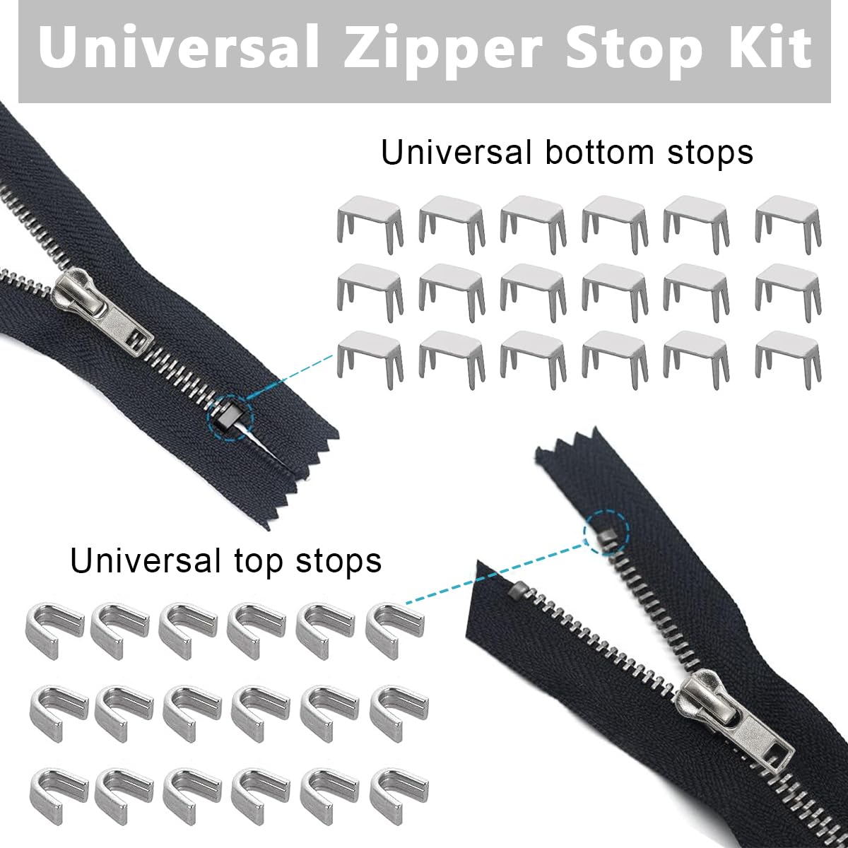 HASTHIP® Zipper Repair Kit Includes 12pcs Replacement Metal Zipper Sliders Puller, Zipper Head Bottom Stop and Top Stops, Universal for Repairing Coat, Jacket, Bag