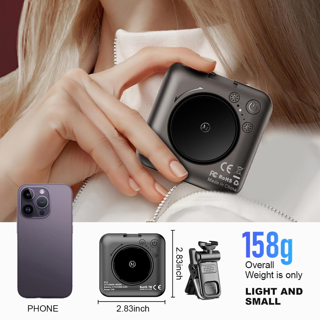 ELEPHANTBOAT Portable Lights for Video Shooting with 3-Color Dimmable LED and 360° Adjustable Clip | USB Rechargeable 2000mAh