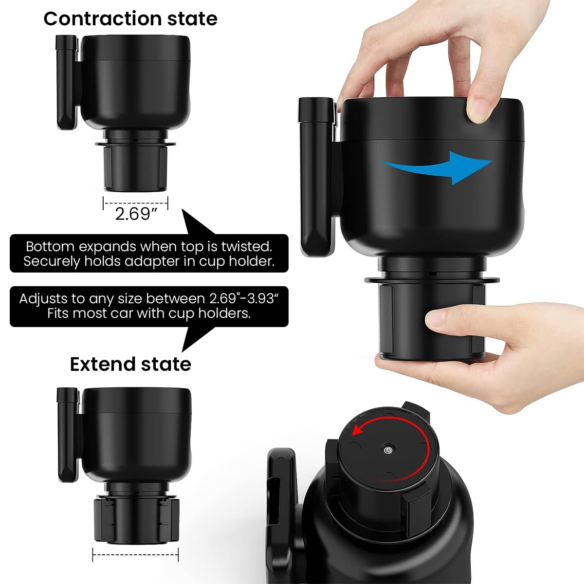 STHIRA Car Cup Holder for Center Console with 360° Rotatable Phone Mount and ABS Base | Fits 2.69–3.93 in Openings