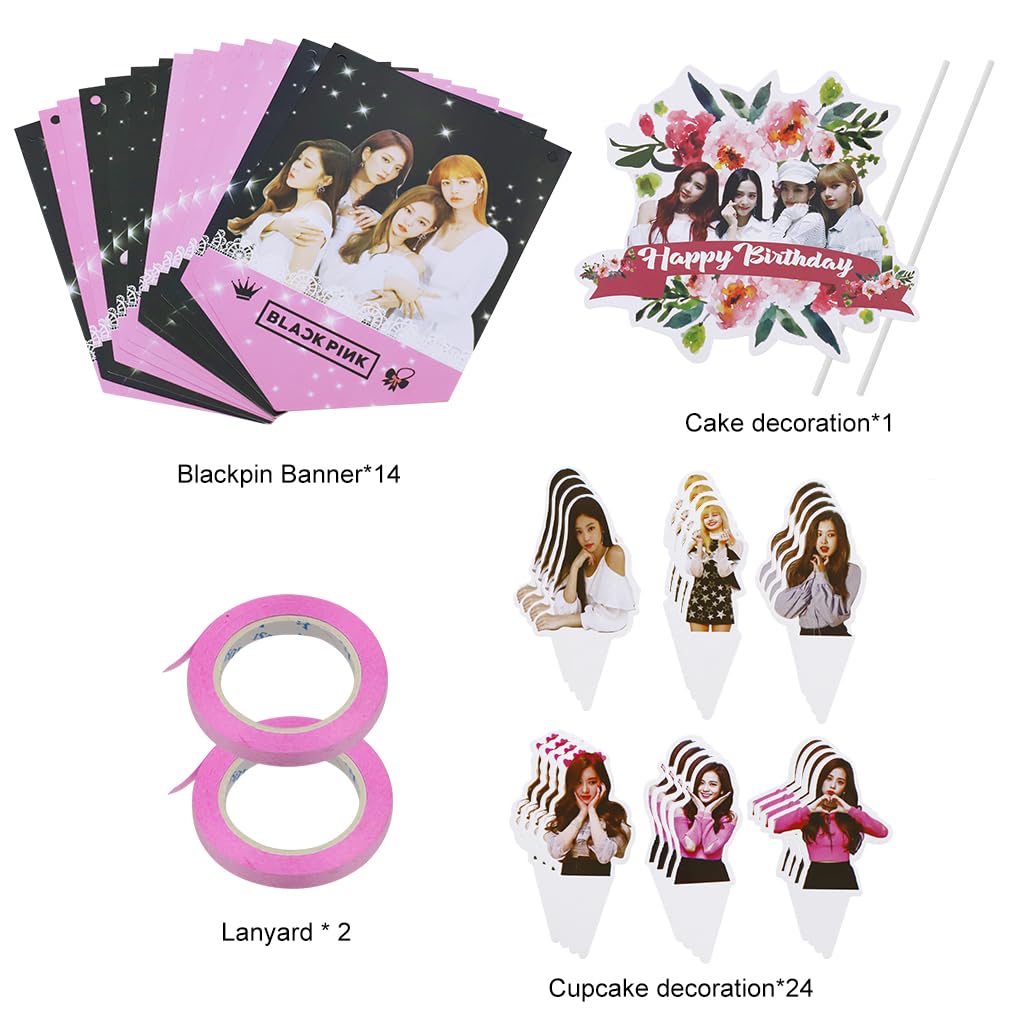HASTHIP Blackpink Theme Cake Decoration Kit for Birthday Party with 26 Toppers and Banner | Eco Paper Decor for Fans