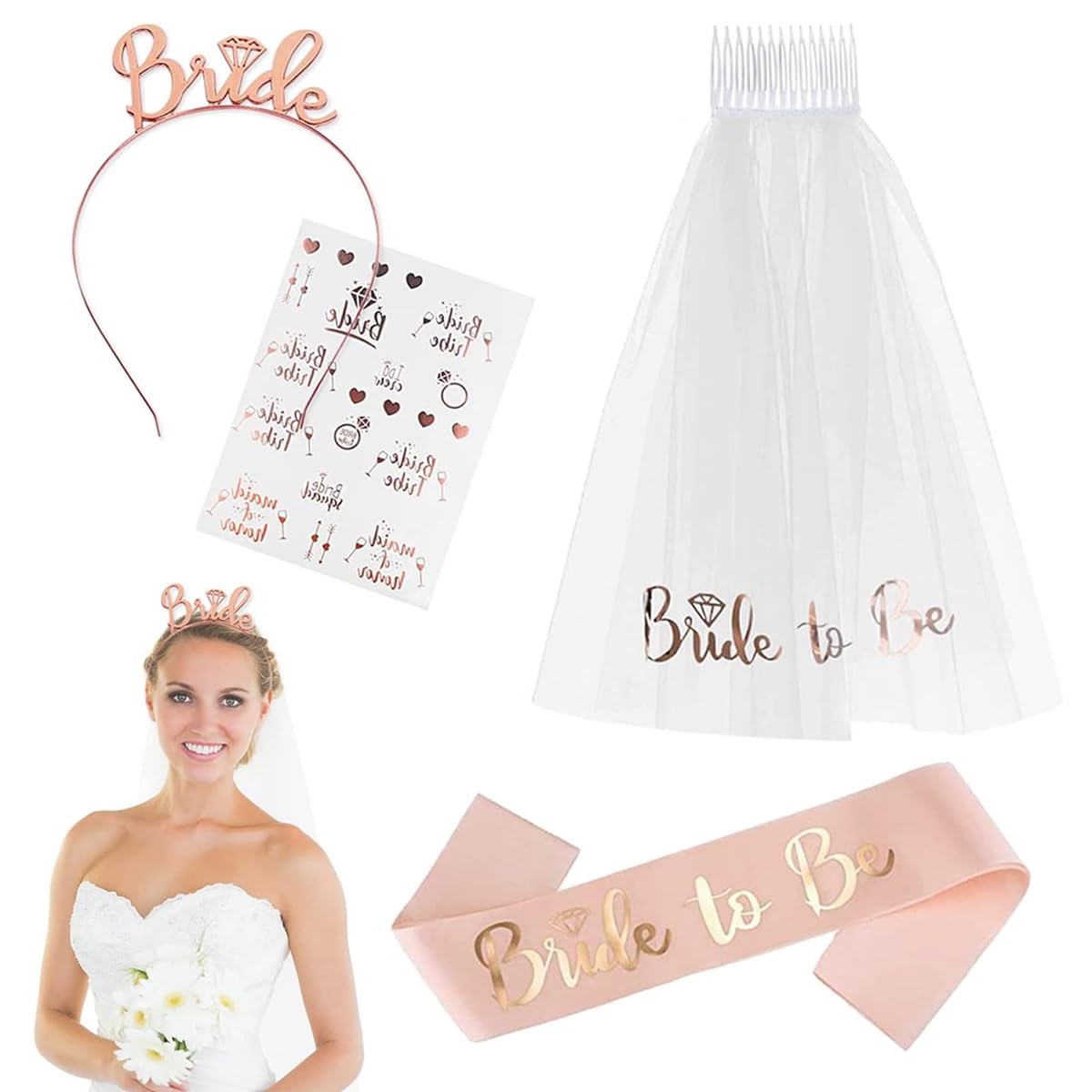 PATPAT Bride To Be Decoration Set for Bachelorette Party with Sash Veil Headband and Stickers | Rose Gold Bridal Shower Accessories 4pcs