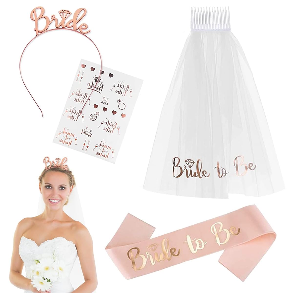 PATPAT® 4pcs Bride To Be Decoration Set, Rose Gold Bachelorette Party Decorations Hen Party Bride To Be Decoration Set Combo Bridal Shower Decorations Kit Accessories -Sash, Veil, Headband, Stickers