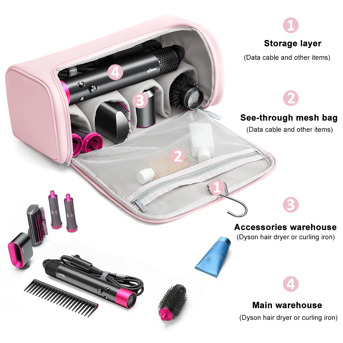 MAYCREATE Travel Storage Bag for Dyson Airwrap with Hanging Hook and 5 Compartments | Pink PU Organizer