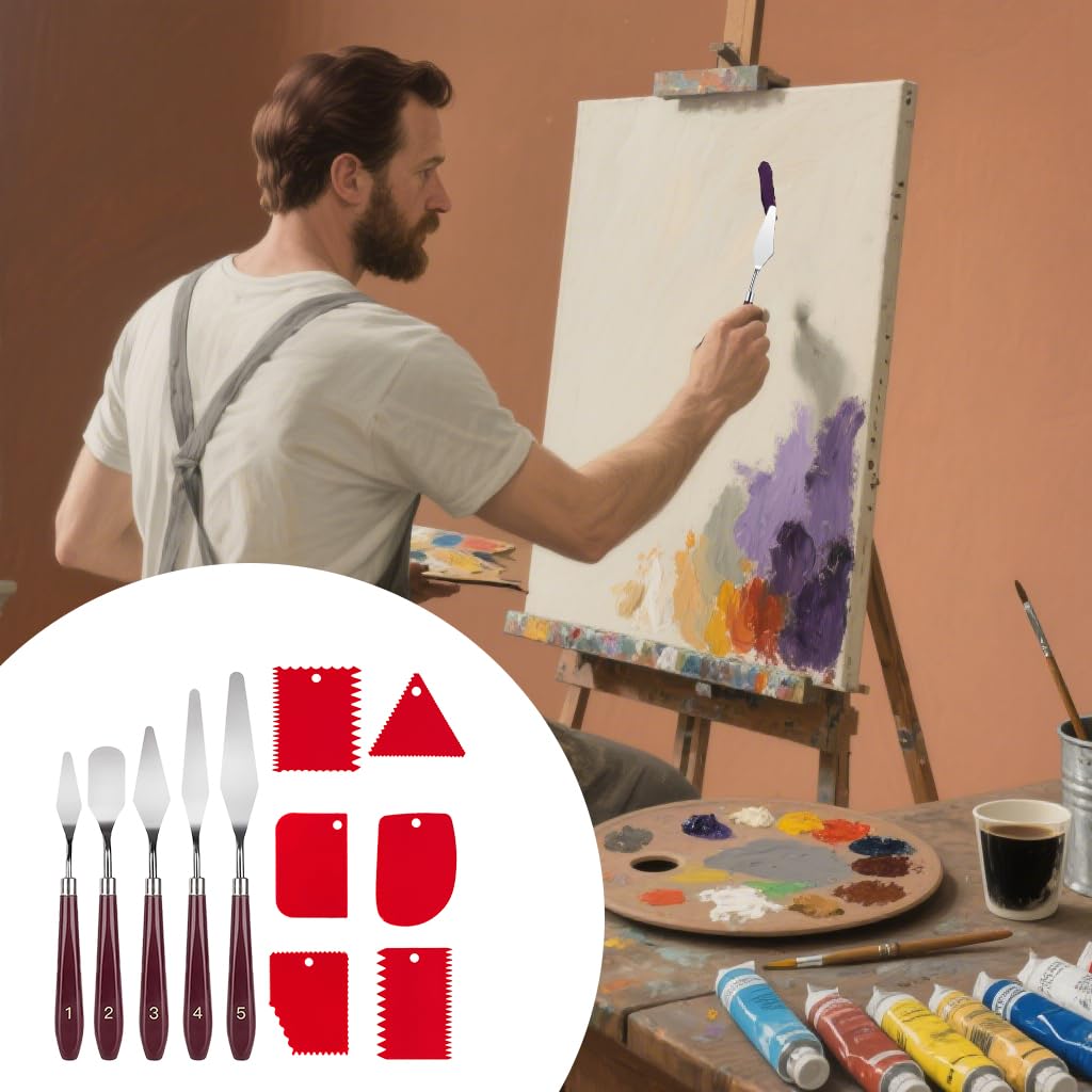 Serplex Acrylic Paint Scrapers Set for Texture Art with 11 Pcs Tools featuring Wooden Handles
