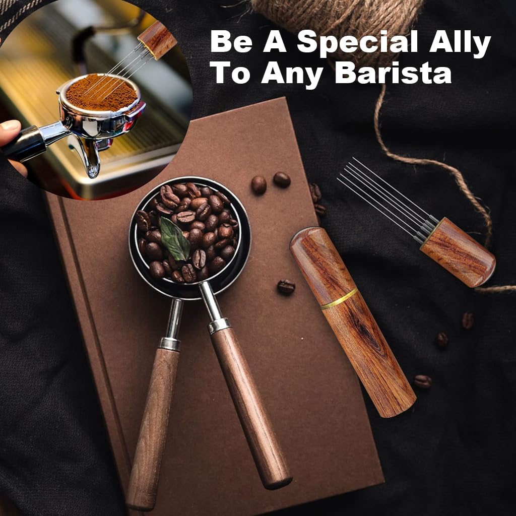 Supvox Espresso Coffee Stirrer with 6 Fine 0.4mm Needles and Natural Wooden Handle | Knock Box Combo for Home Café Use
