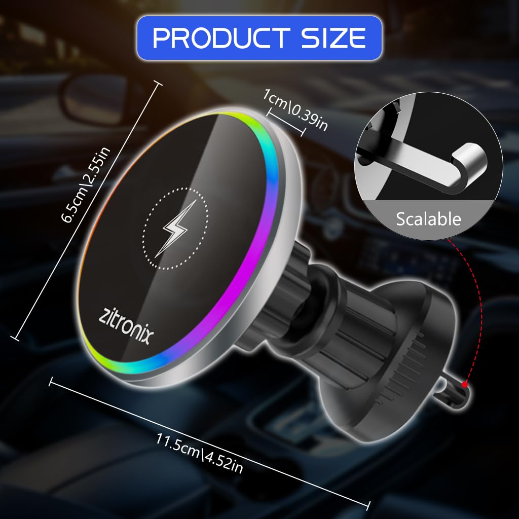 Zitronix Car Charger for Air Vent with 15W Fast Wireless Charging and Magnetic Hold | LED Indicator