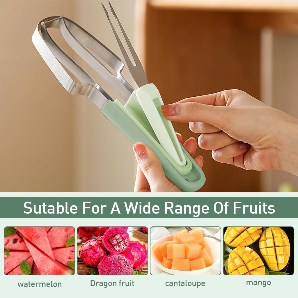 Supvox® 3-in-1 Watermelon Fork Slicer Cutter, Stainless Steel Watermelon Popsicle Cutter Watermelon Cutter Slicer Tool Melon Cutter Knife Portability Fruit Fork for Camping Kitchen Gadgets