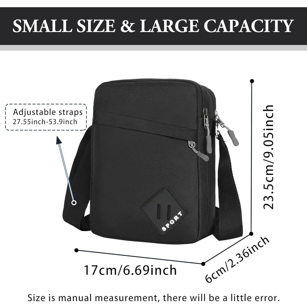 GUSTAVE Messenger Bag for Men with 2 Main Zipper Compartments and Waterproof Nylon | Classic Black 16×9×23 cm Crossbody for Office and Travel
