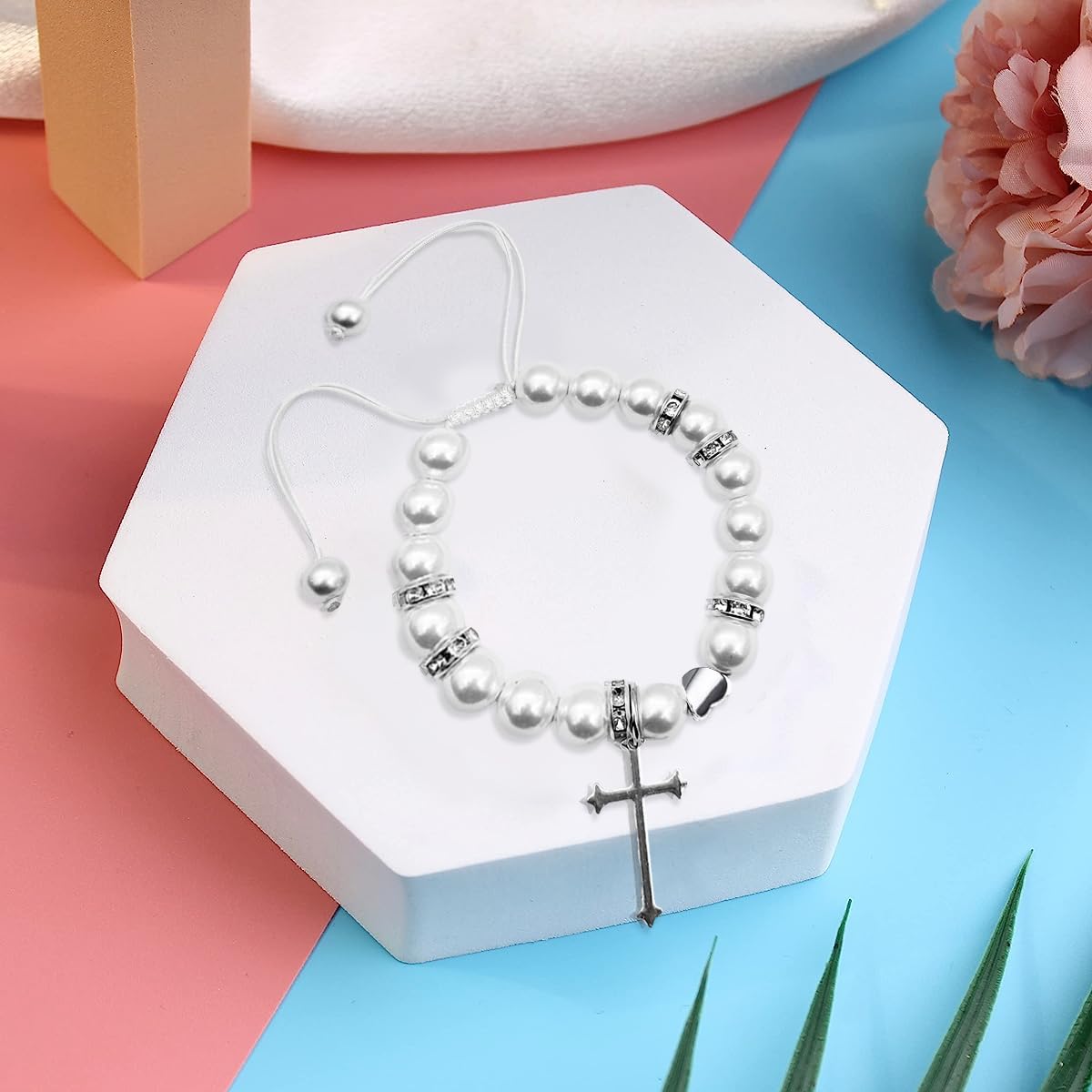 Venzina Pearl Bracelet for Girls featuring Cross Charm and Adjustable Fit | Christening Gift
