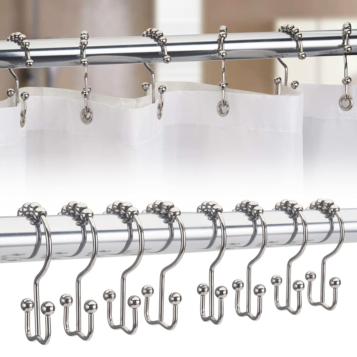 HASTHIP® Bathroom Curtain Hooks,Stainless Steel Hook for Curtains,Rust-Resistant Metal Double Hooks Curtain Rings,Rolling Shower Curtain Hooks for Bathroom Shower Curtain Rods Curtains, Set of 10