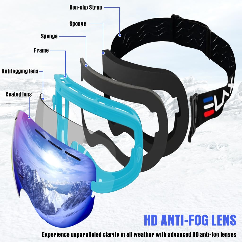 Proberos® Ski Goggles, Outdoor Sport Goggle Ski Goggle, Compatible with Optical Eyeglasses, Unisex Ski Snow Goggles Adjustable Headband Fashion Color Coated Ski Goggle