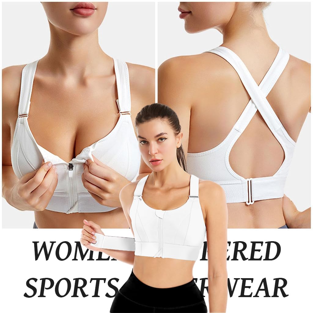 PALAY Sports Bra for Women with Front Zipper and Adjustable Straps | High Impact Gym Support