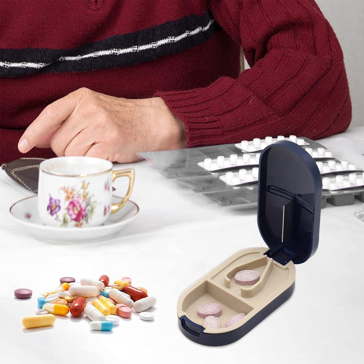 HANNEA Pill Box for Daily Use and Travel with Stainless Steel Cutter | Blue Organizer