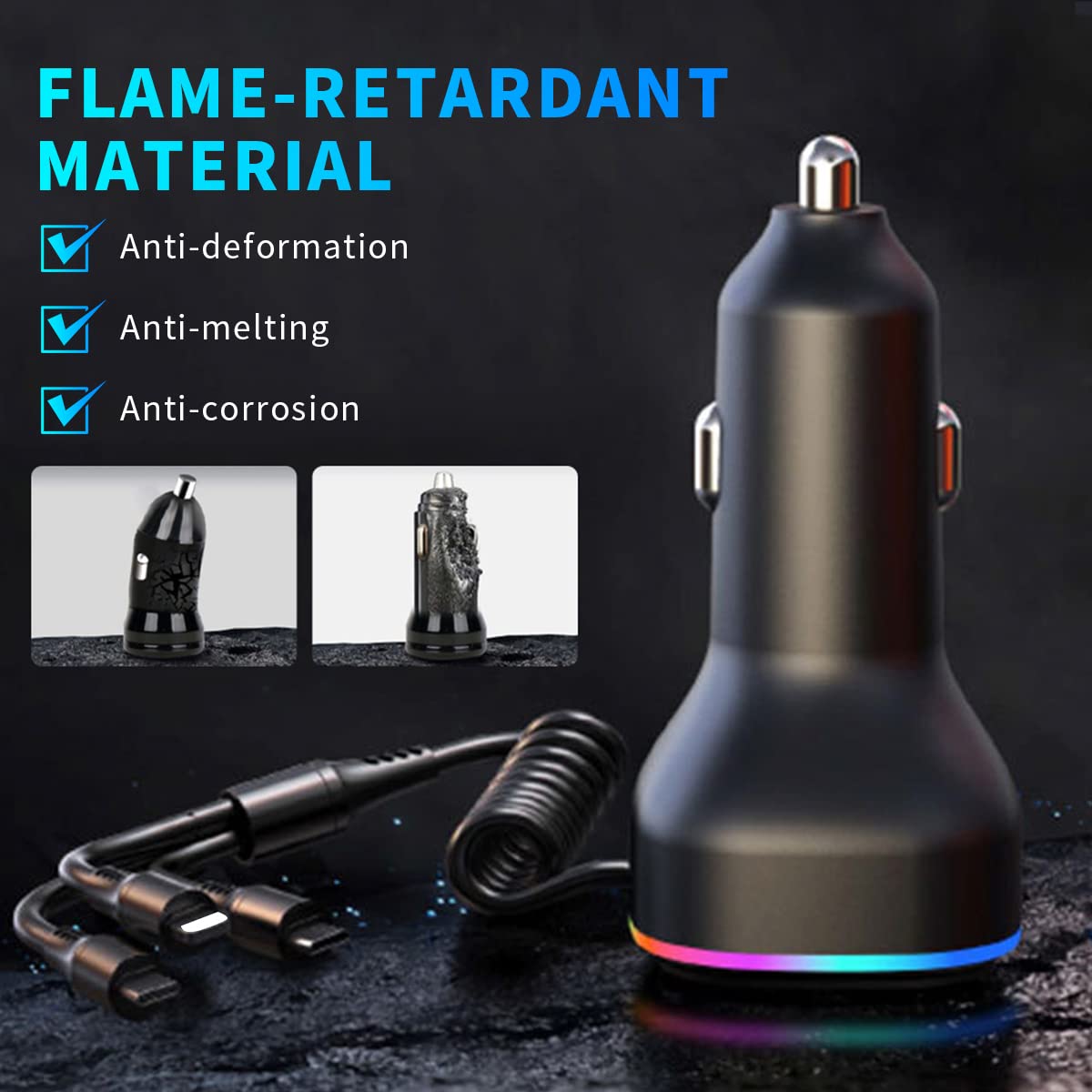 STHIRA Car Charger for 12V and 24V Vehicles with 65W PD Port and 5ft 3‑in‑1 Cable | Multi‑Device Fast Charging