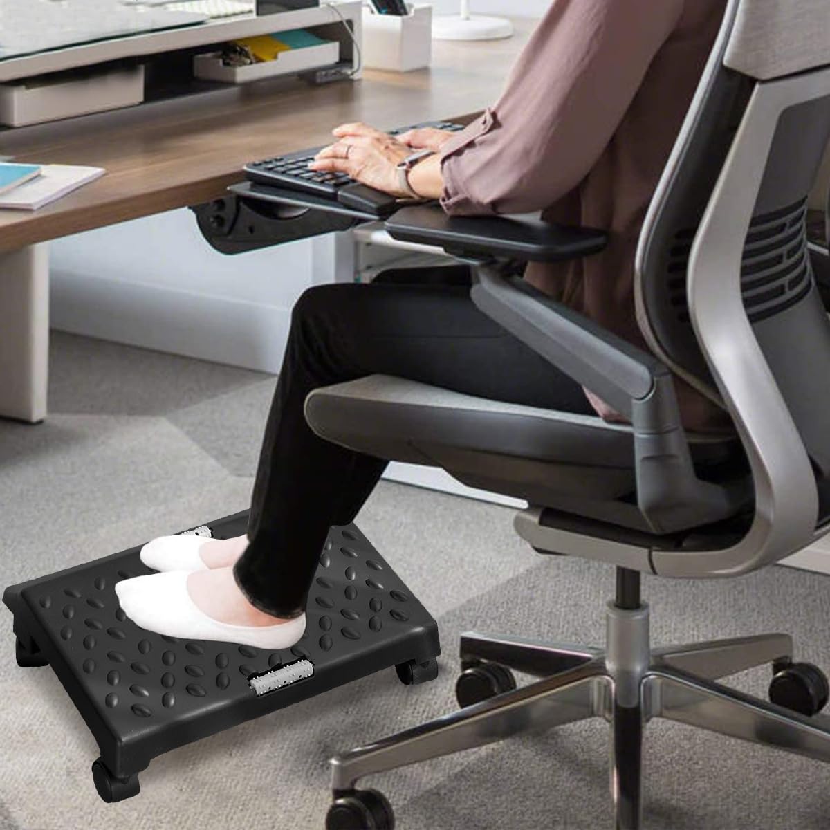 HASTHIP® Office Foot Rest for Under Desk at Work, Foot Rest Under Desk with Massage Texture and Roller, Relieve Stiffness, Numbness, Promote Leg Circulation, Relieve Leg Pressure, Black