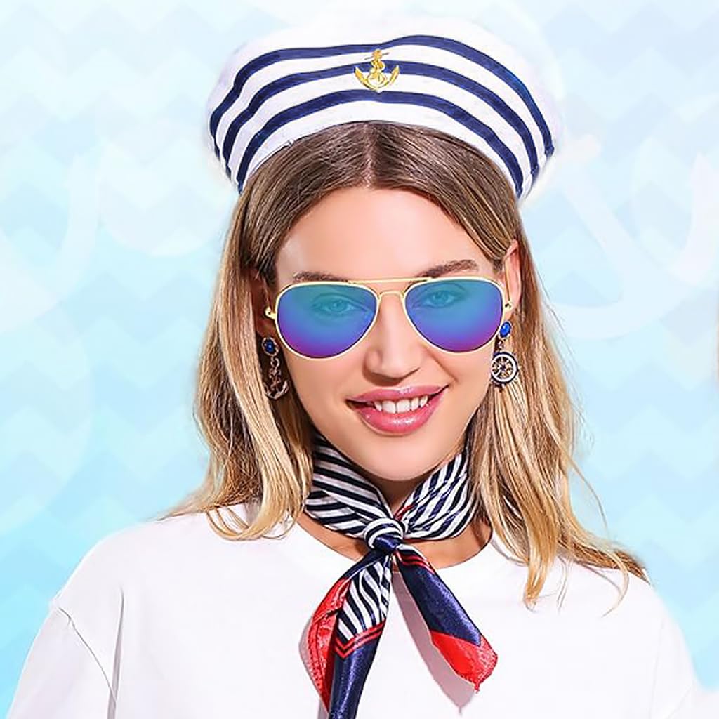 PATPAT Sailor Hat and Scarf Set for Theme Parties with 58cm Cap Fit | Blue White Nautical Style