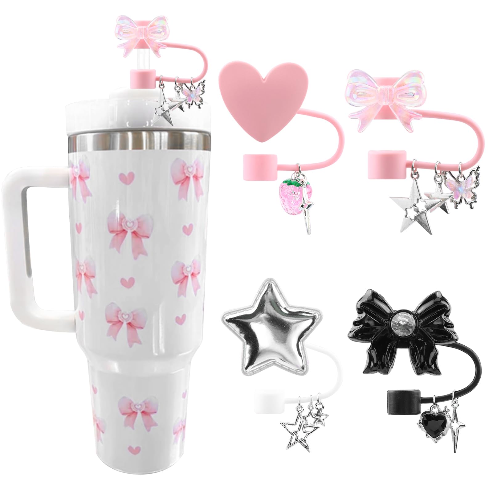 HASTHIP® 4 Silicone Straw Covers for Stanley Cup 30&40 Oz Tumblers - Y2K Cute Glitter Star Straw Toppers-White